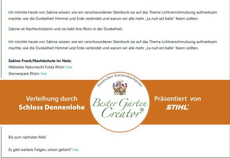 Das Bild zeigt einen Auszug aus der zum Zeitpunkt der Preisverleihung aktuellsten Folge mit einer Schmuckbanderole und der Auszeichung Bester Garden Creator